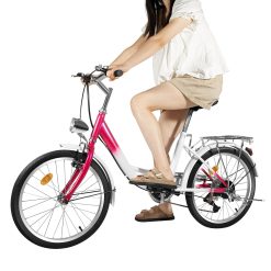 KigerNee Vélo de ville de 20" à 6 vitesses avec éclairage LED | Vélo réglable en hauteur pour adultes (charge de 90 kg) – Roues en aluminium + frein en V / frein à tambour | Vélo urbain rose et blanc