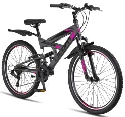 Licorne Bike Vélo VTT 26" Premium - Vélo pour garçons, filles, femmes et hommes - Dérailleur Shimano 21 vitesses - Suspension complète - Vélo robuste, Anthracite/rose., 26 pouces