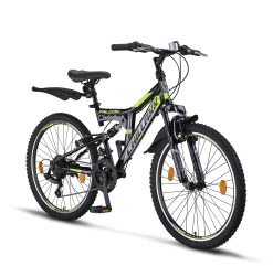Chillaxx Bike Falcon VTT de 24" et 26", pour garçons, filles, femmes et hommes, 21 vitesses, suspension complète (24", freins V-brake, Noir/Vert citron)
